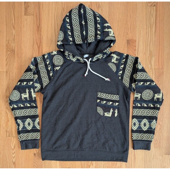 Ecuador Aztec Hoodie Pullover Wool Blend Blue Footed Design Handmade Alpaca L - Picture 1 of 12